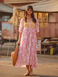Bohemian Pink & Yellow Ikat Maxi Dress – Breezy Vacation & Brunch Wear