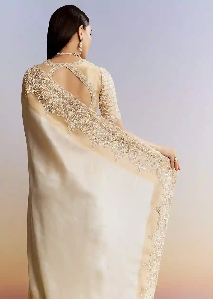Ivory Dividend White & Gold Embroidered Saree - Image 4