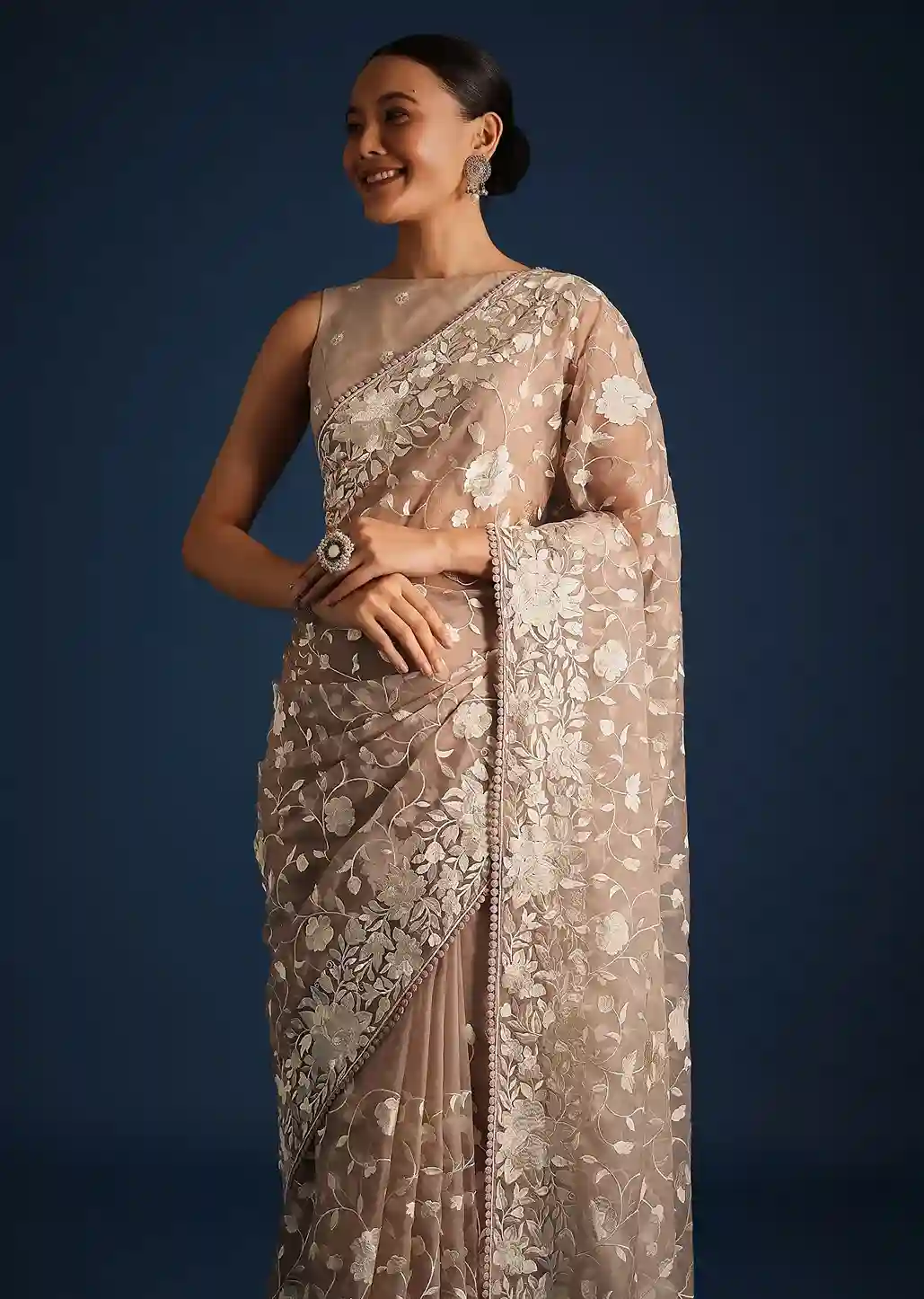 Heritage Yield Beige & Cream Floral Embroidered Saree - Image 3