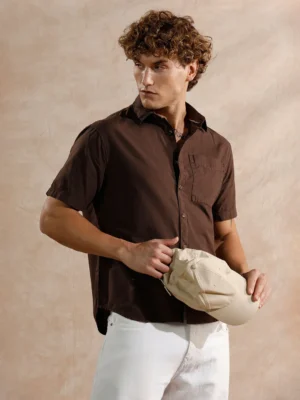 Men’s Solid Coffee Brown Casual Short Sleeve Shirt