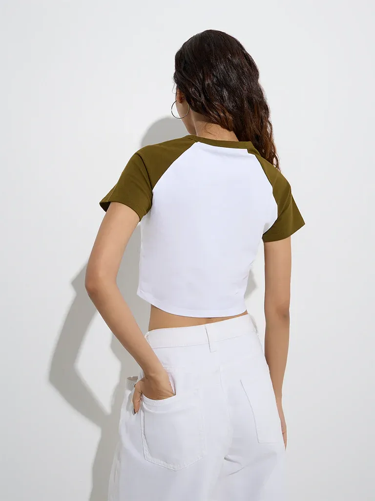 Women’s Lucky Girl Syndrome 11:11 White & Olive Raglan Cropped T-Shirt - Image 2