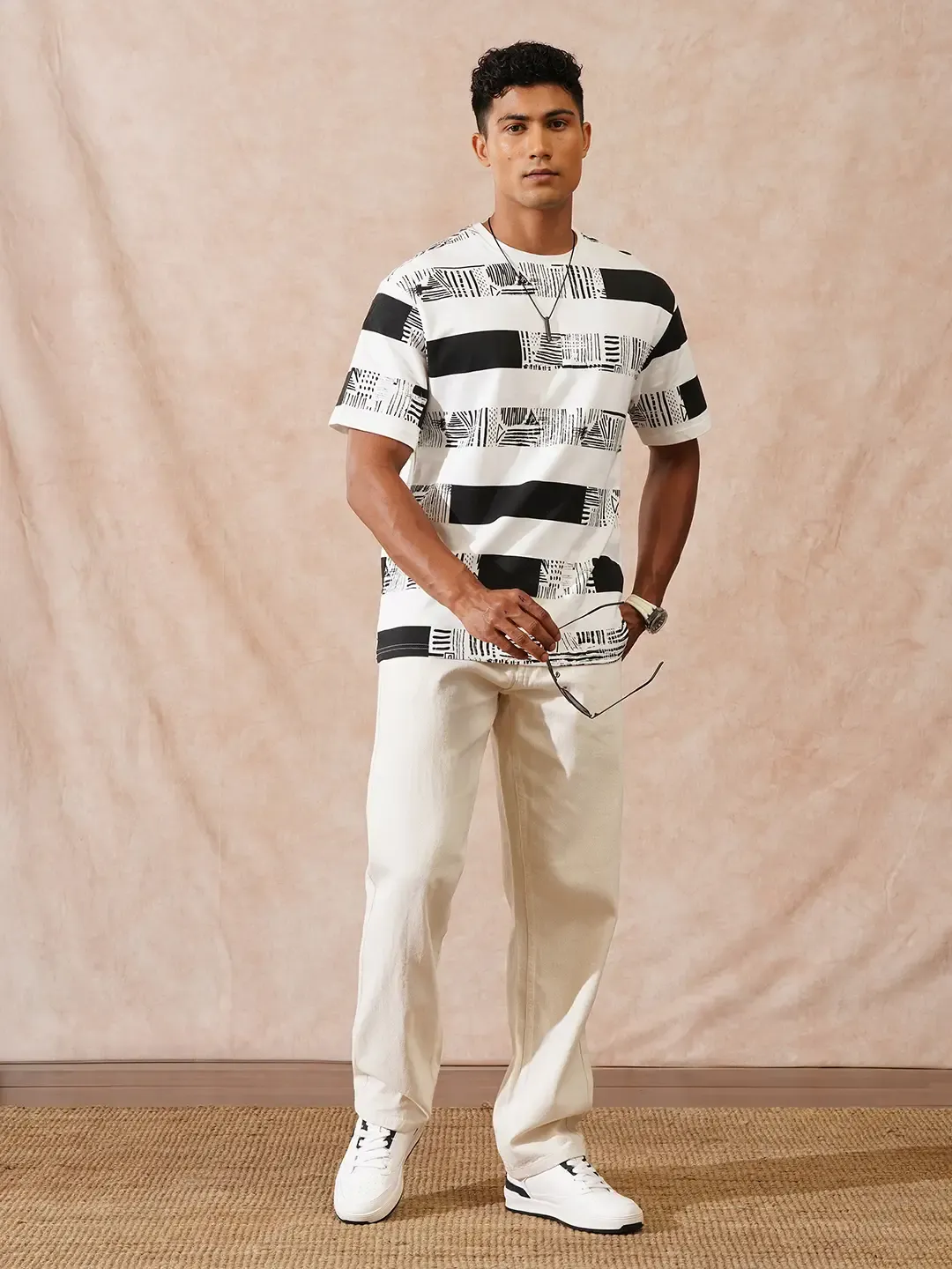 Men’s Black & White Abstract Stripe T-Shirt - Image 2