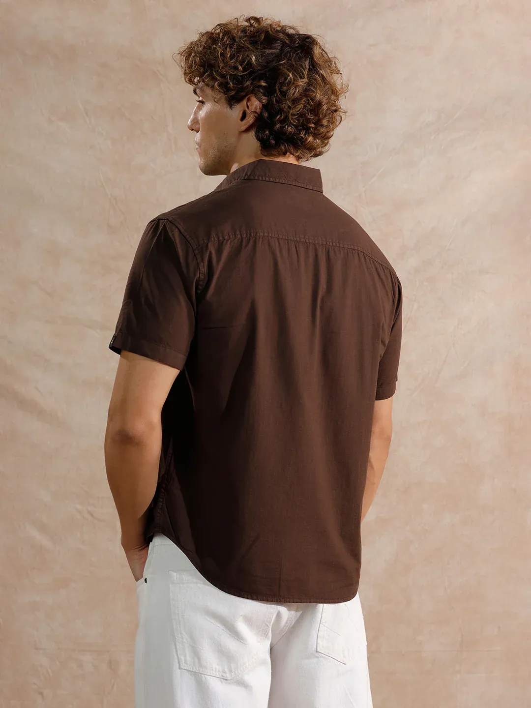 Men’s Solid Coffee Brown Casual Short Sleeve Shirt - Image 3