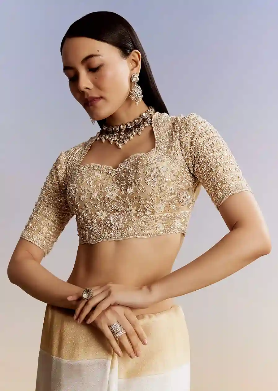 Ivory Dividend White & Gold Embroidered Saree - Image 5