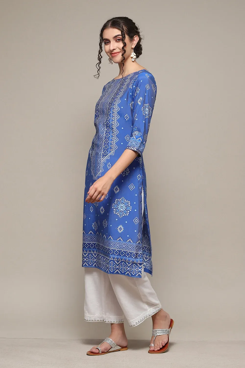 Royal Blue Bandhani-Inspired Straight Kurta with White Palazzo - Image 3