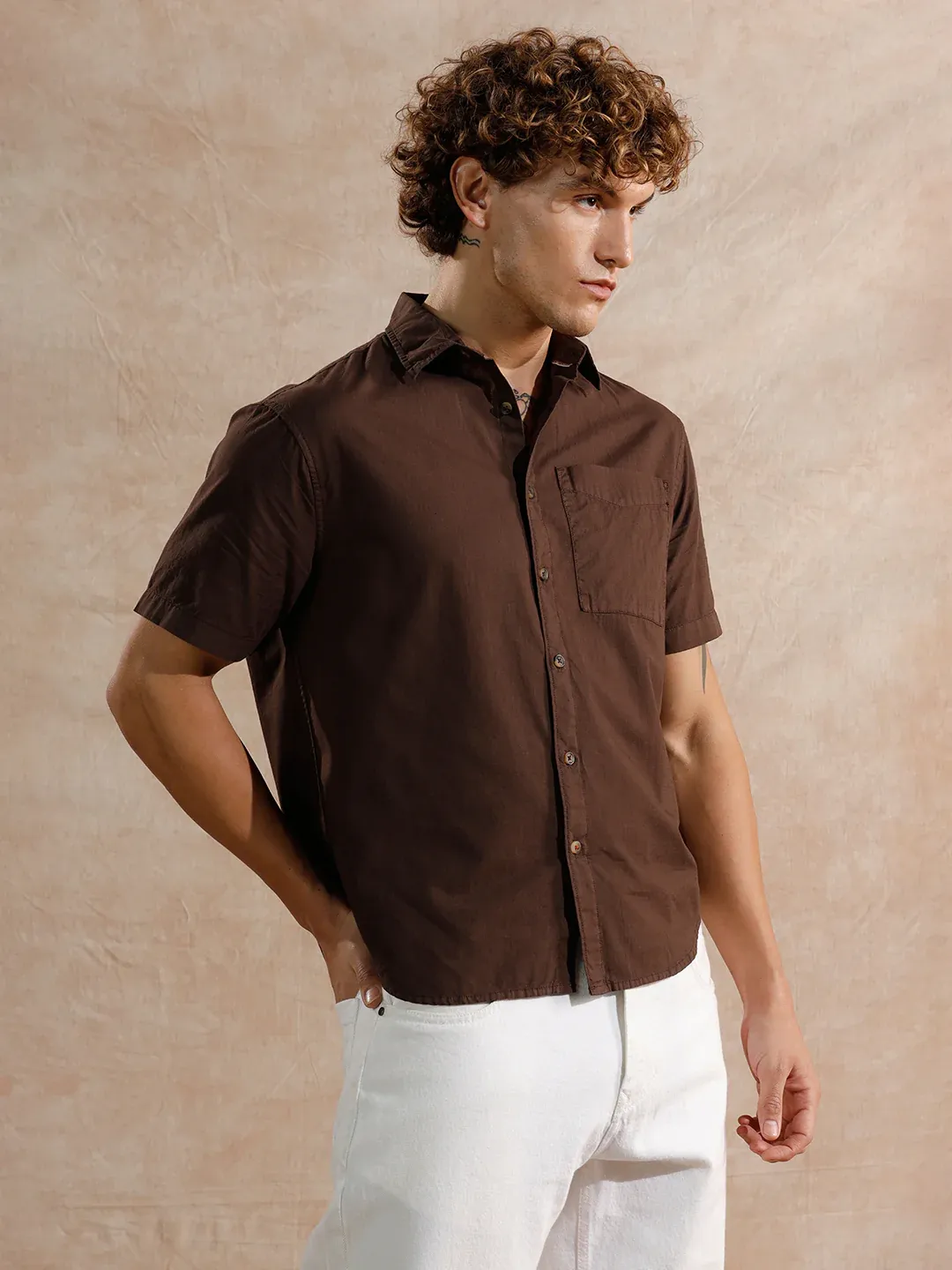 Men’s Solid Coffee Brown Casual Short Sleeve Shirt - Image 4