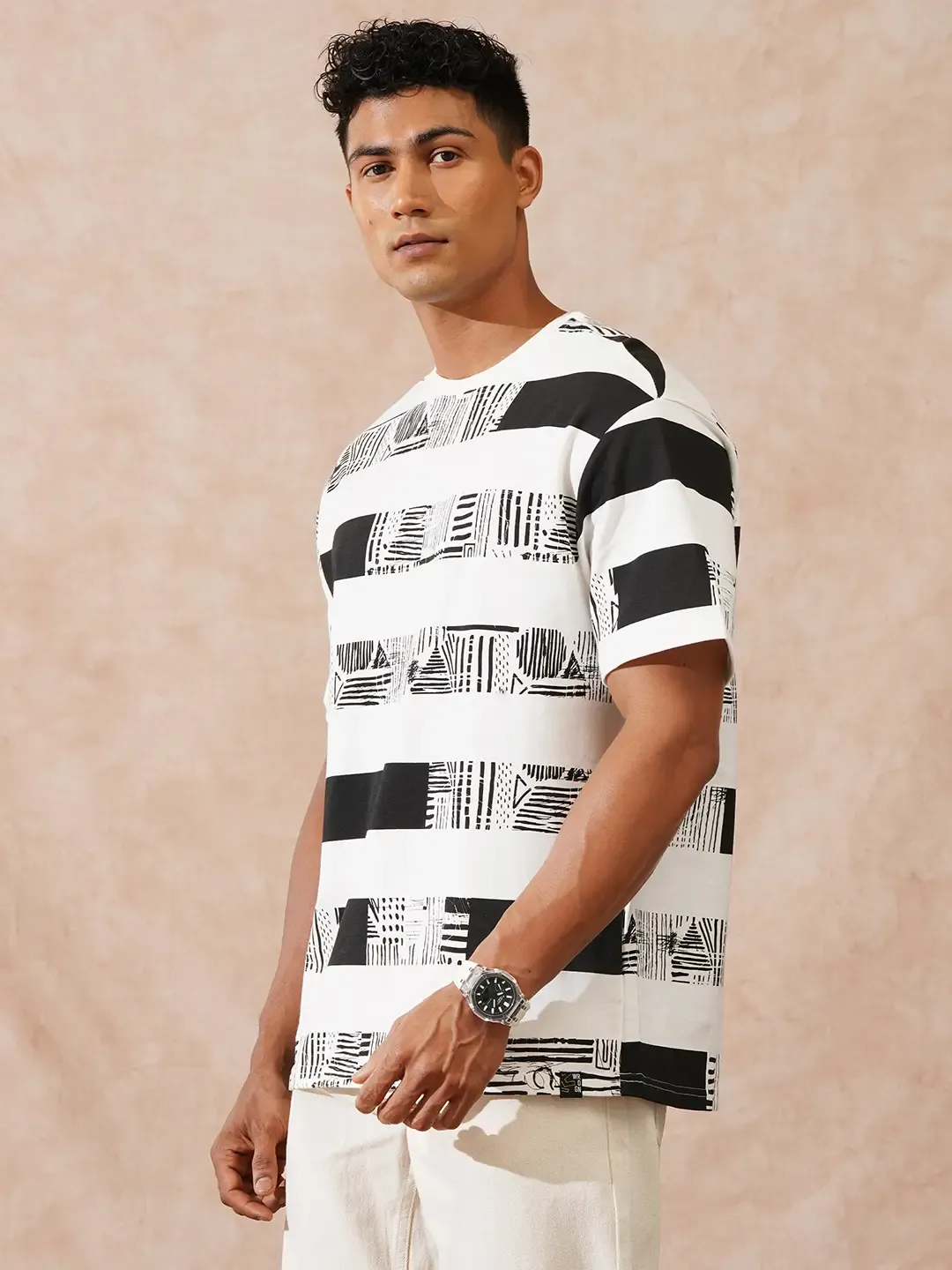 Men’s Black & White Abstract Stripe T-Shirt - Image 4