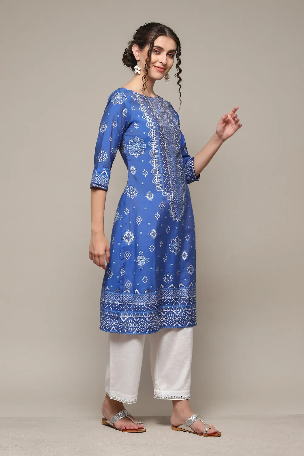 Royal Blue Bandhani-Inspired Straight Kurta with White Palazzo - Image 4