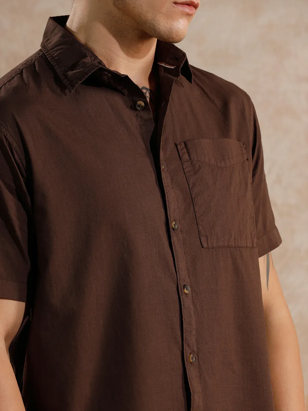 Men’s Solid Coffee Brown Casual Short Sleeve Shirt - Image 5
