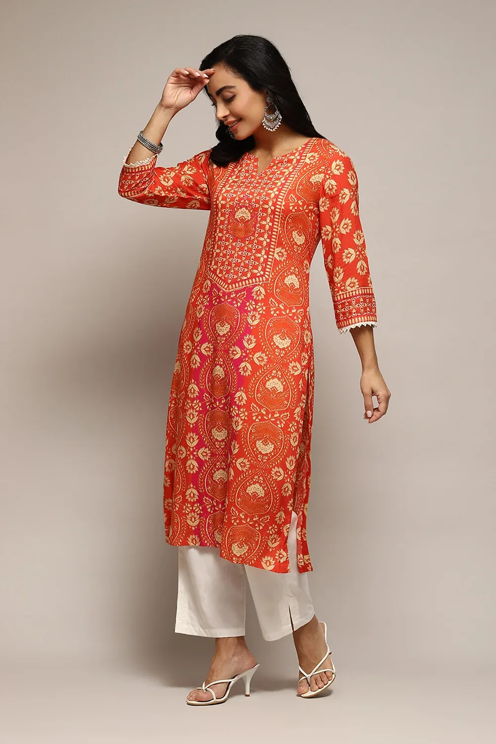 Radiant Sunset Luxe Cotton Kurta – Contemporary Ethnic Charm in Premium Orange Print - Image 2