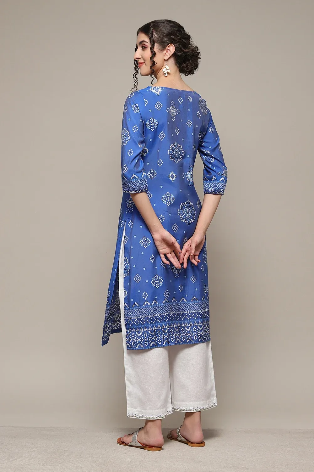 Royal Blue Bandhani-Inspired Straight Kurta with White Palazzo - Image 5