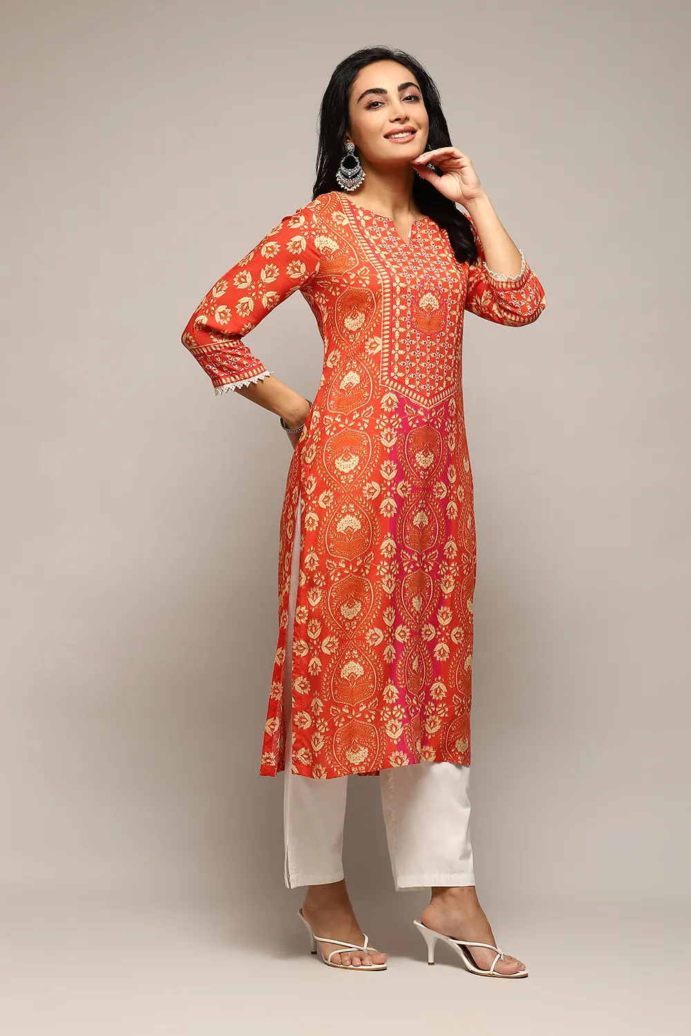 Radiant Sunset Luxe Cotton Kurta – Contemporary Ethnic Charm in Premium Orange Print - Image 3