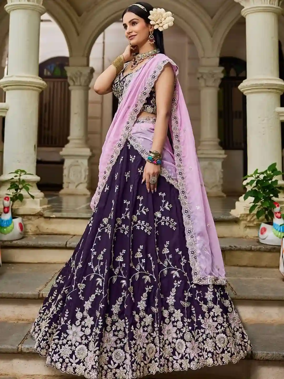 Royal Burgundy Organza Embroidered Lehenga Choli with Baby Pink Dupatta - Image 2