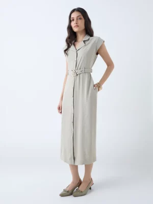 Capital Gains Belted Shirt Midi Dress – Ivory