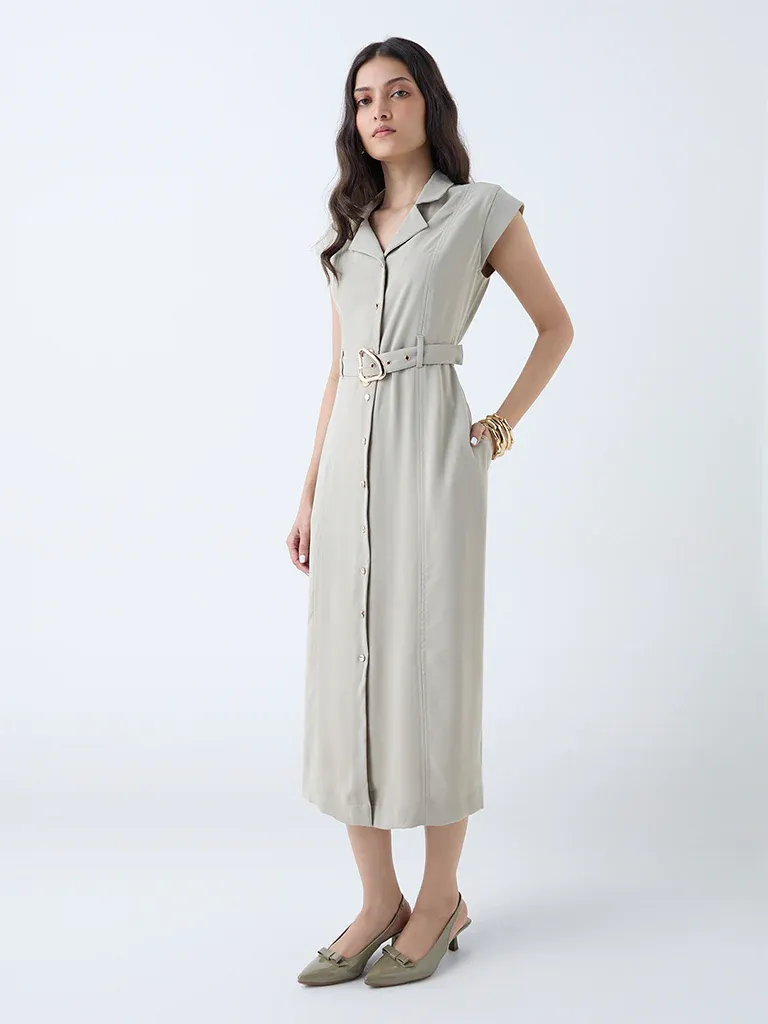 Capital Gains Belted Shirt Midi Dress – Ivory
