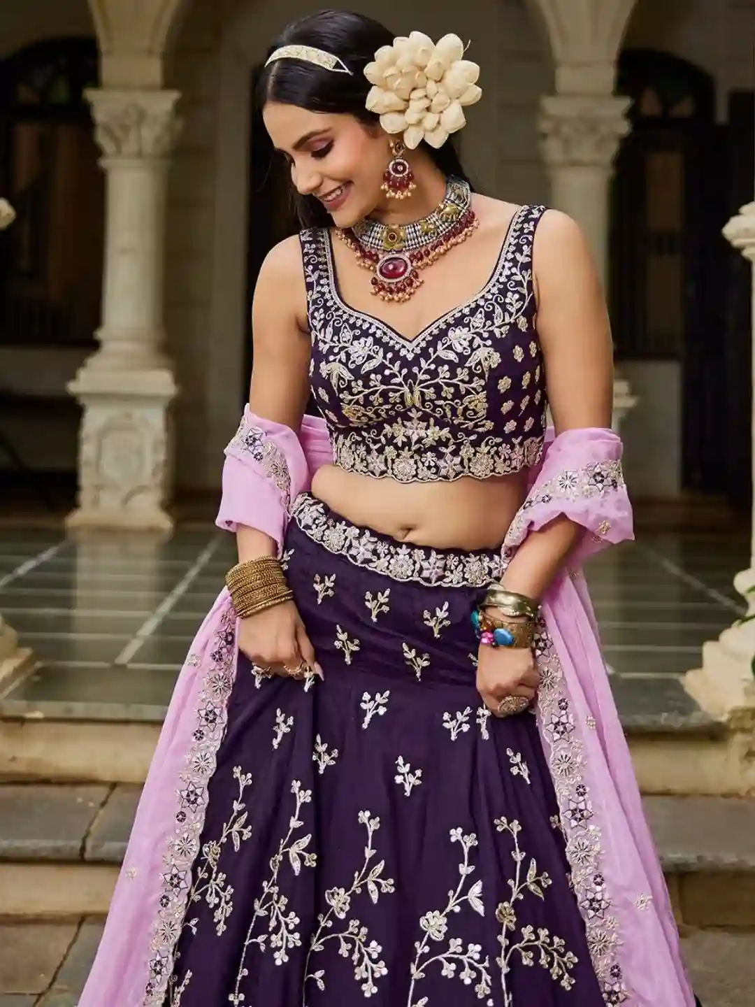 Royal Burgundy Organza Embroidered Lehenga Choli with Baby Pink Dupatta - Image 4