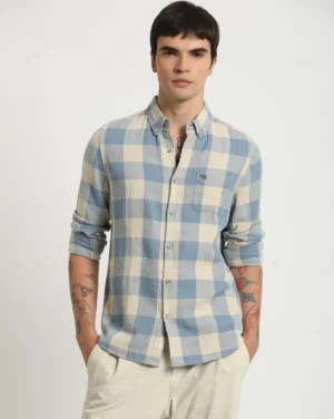 Blue & Beige Large Check Casual Cotton Shirt – Timeless Style with Global Business Edge