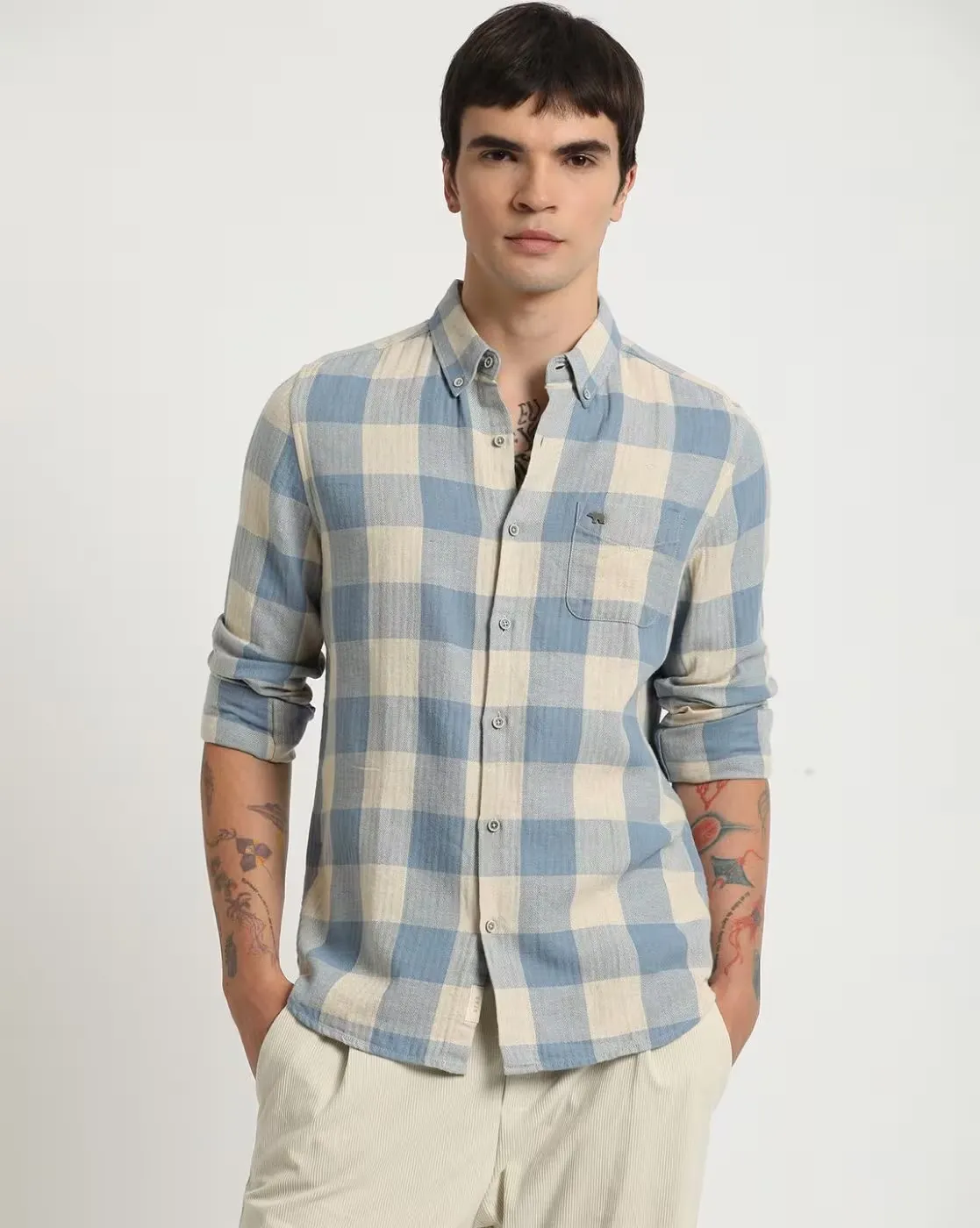 Blue & Beige Large Check Casual Cotton Shirt – Timeless Style with Global Business Edge