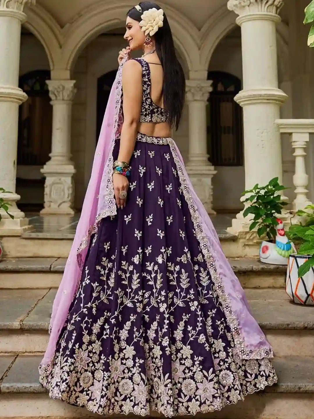 Royal Burgundy Organza Embroidered Lehenga Choli with Baby Pink Dupatta - Image 7