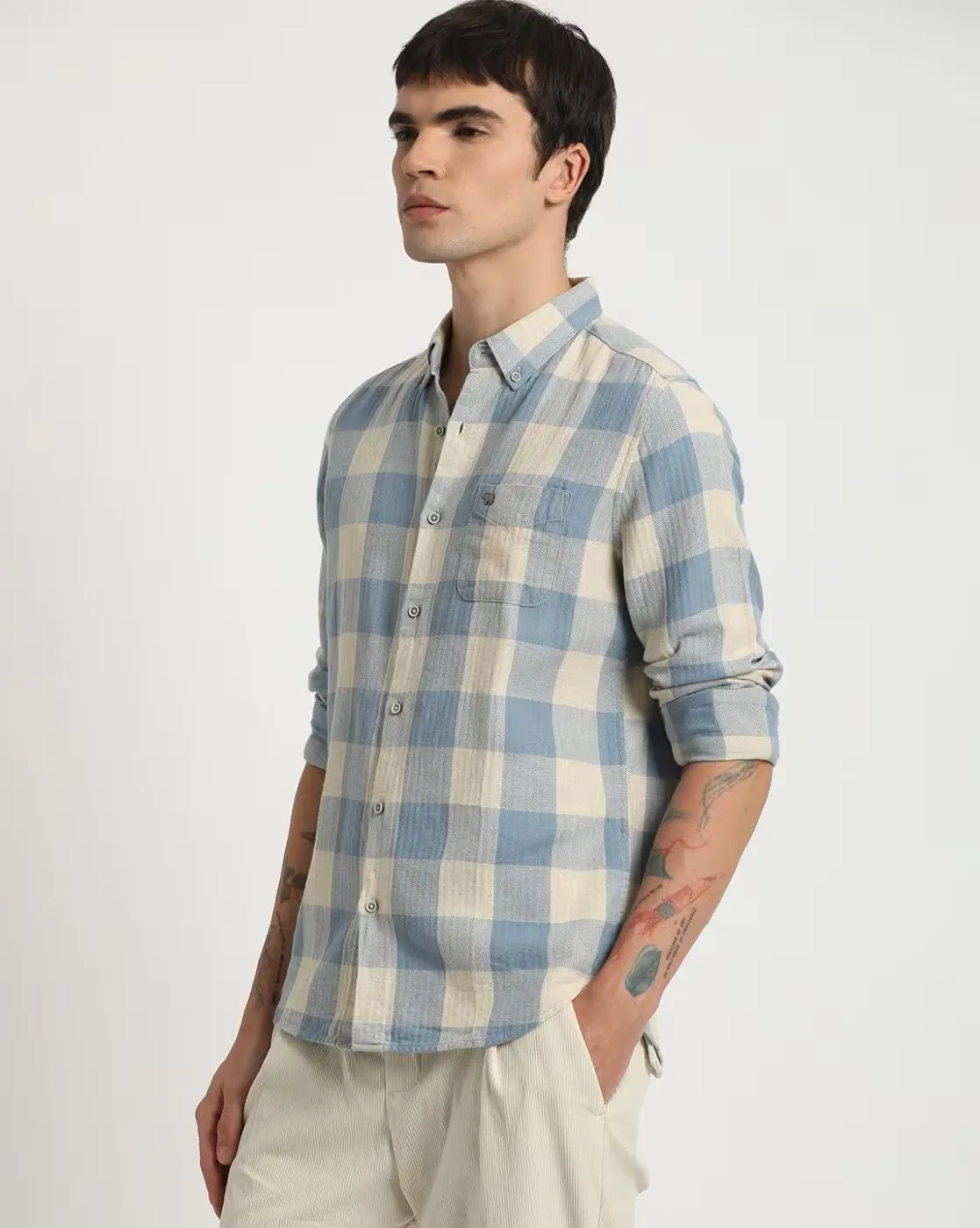 Blue & Beige Large Check Casual Cotton Shirt – Timeless Style with Global Business Edge - Image 2