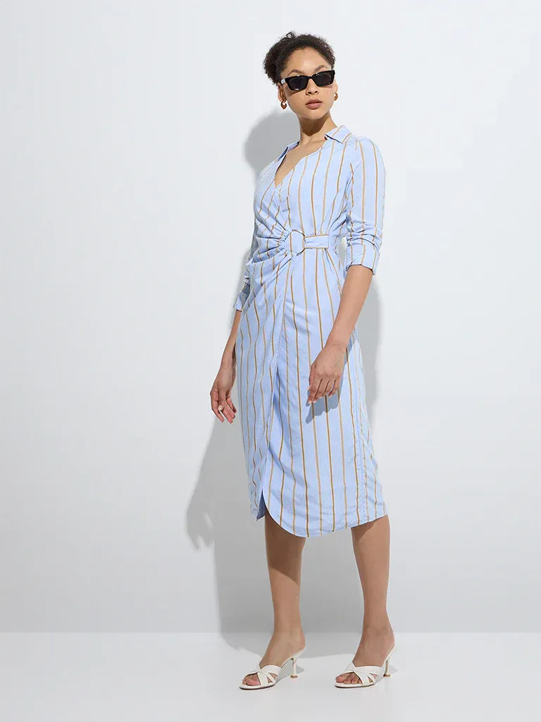 Ledger Stripe Ring-Waist Wrap Shirt Dress – Blue - Image 2