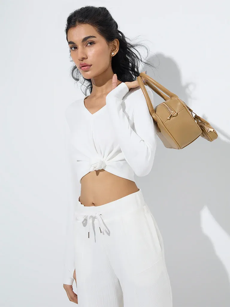 Women’s White Long-Sleeve V-Neck Knot Front Crop Top – Chic Minimalism with a Modern Twist - Image 4
