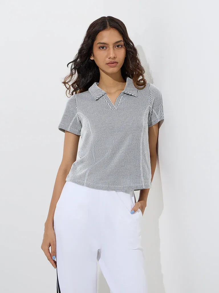 Women’s Navy & White Micro-Striped Polo Collar T-Shirt – Casual Sophistication Meets Everyday Comfort - Image 4