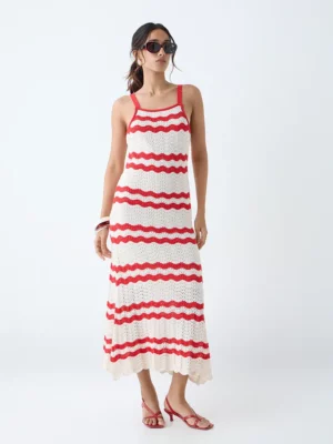 Ecru & Red Wave Knit Maxi Dress – Coastal Luxe with a US Summer Trend Edge