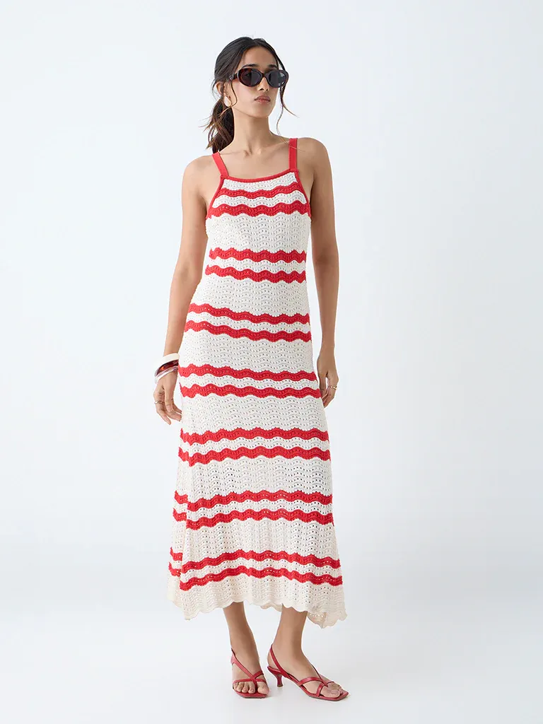 Ecru & Red Wave Knit Maxi Dress – Coastal Luxe with a US Summer Trend Edge