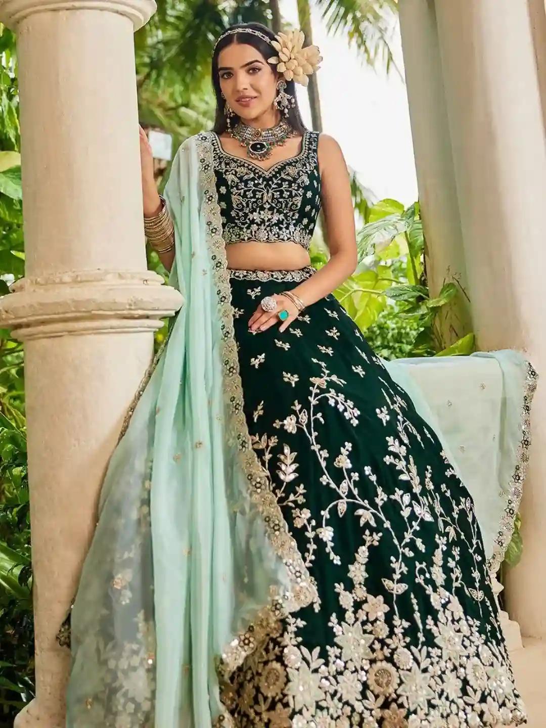 Emerald Green Organza Embroidered Lehenga Choli with Sky Blue Dupatta - Image 4