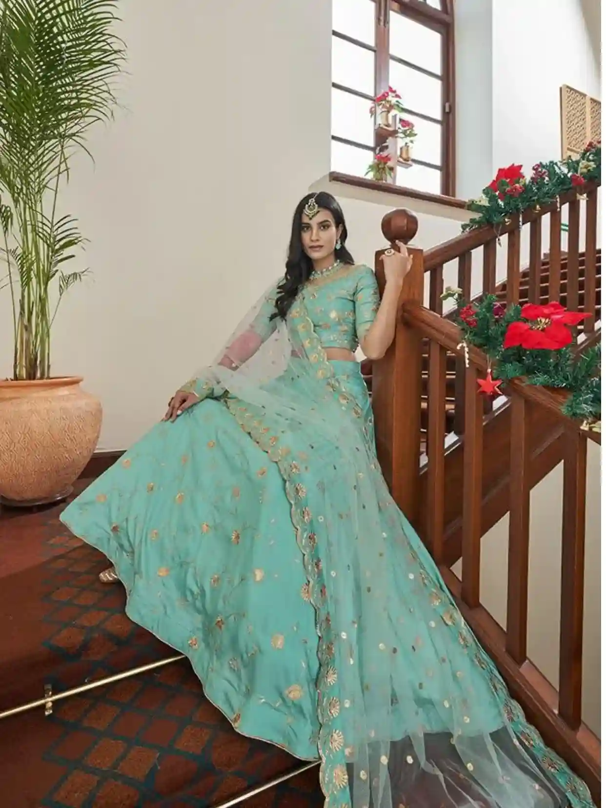 Pastel Aqua Blue Embroidered Lehenga Choli - Image 4