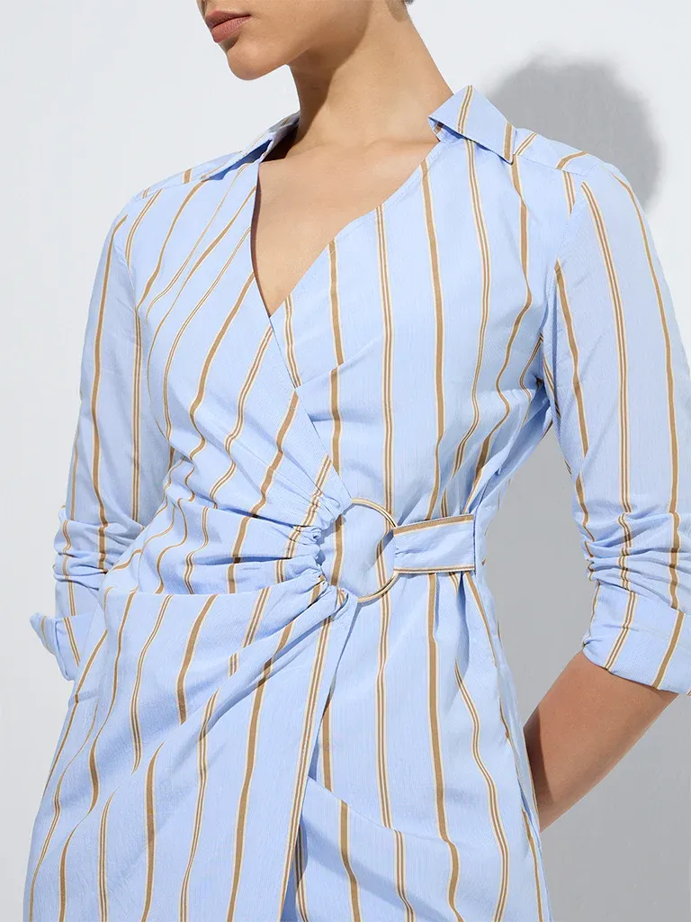 Ledger Stripe Ring-Waist Wrap Shirt Dress – Blue - Image 3