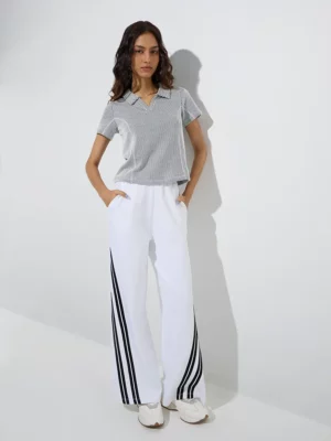 Women’s Navy & White Micro-Striped Polo Collar T-Shirt – Casual Sophistication Meets Everyday Comfort