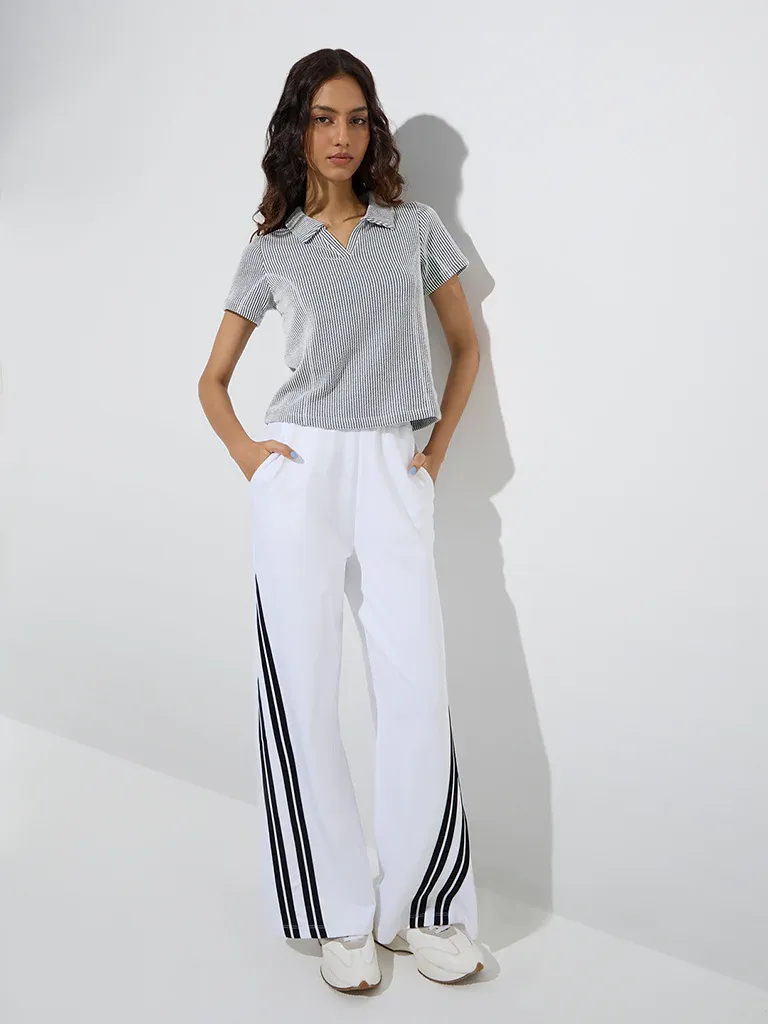 Women’s Navy & White Micro-Striped Polo Collar T-Shirt – Casual Sophistication Meets Everyday Comfort