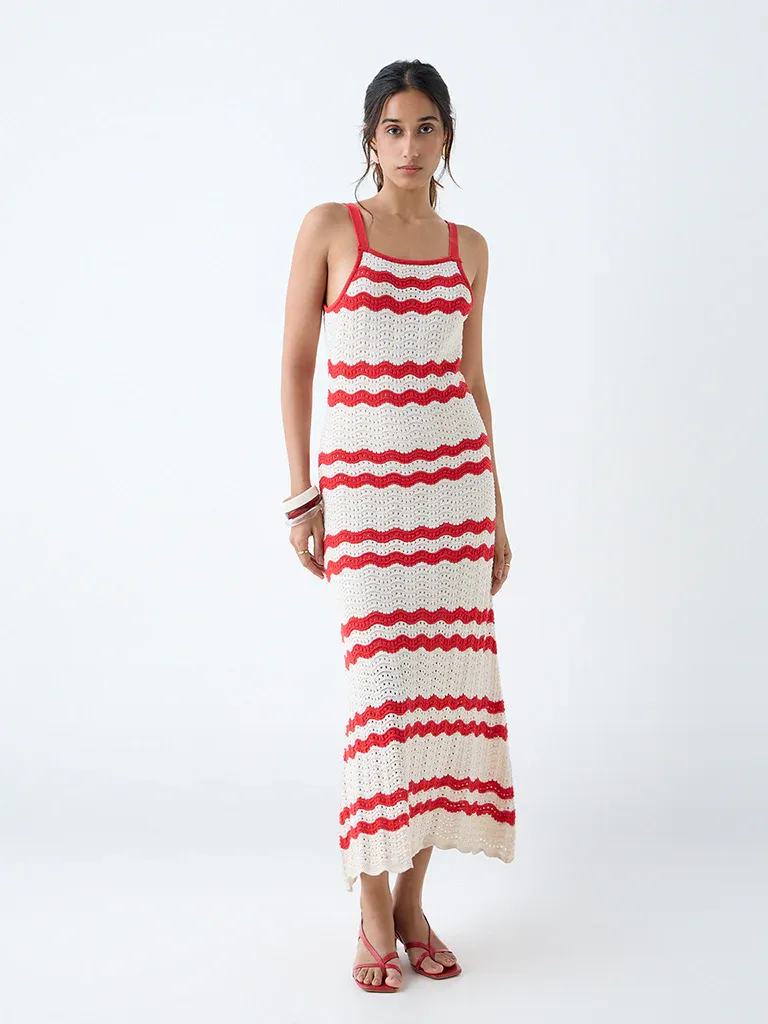 Ecru & Red Wave Knit Maxi Dress – Coastal Luxe with a US Summer Trend Edge - Image 2