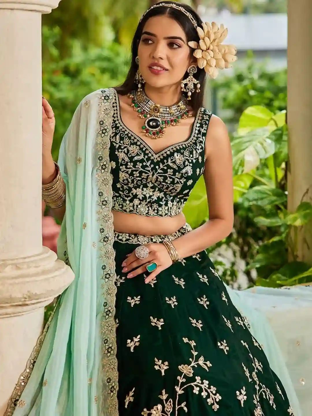Emerald Green Organza Embroidered Lehenga Choli with Sky Blue Dupatta - Image 3
