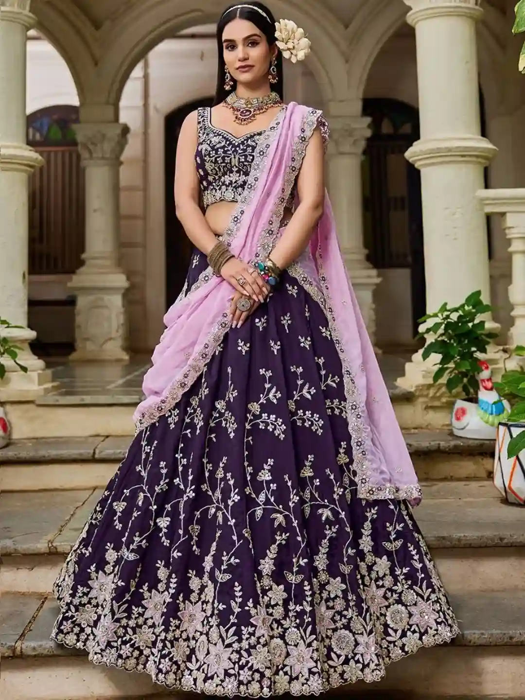 Royal Burgundy Organza Embroidered Lehenga Choli with Baby Pink Dupatta