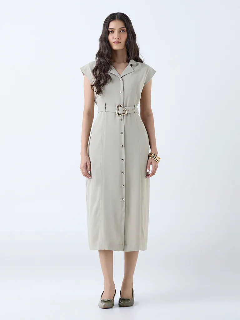 Capital Gains Belted Shirt Midi Dress – Ivory - Image 4