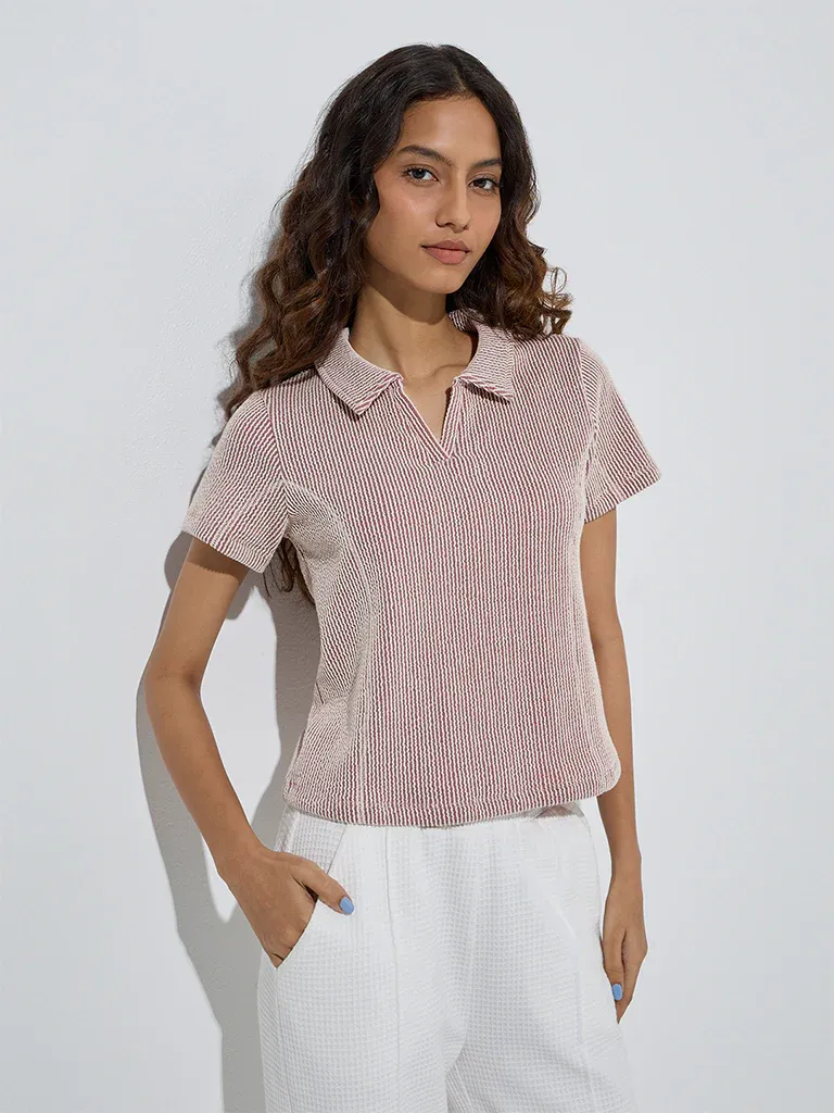 Women’s Maroon & Cream Micro-Striped Collared T-Shirt - Image 2