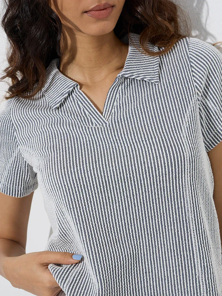 Women’s Navy & White Micro-Striped Polo Collar T-Shirt – Casual Sophistication Meets Everyday Comfort - Image 3