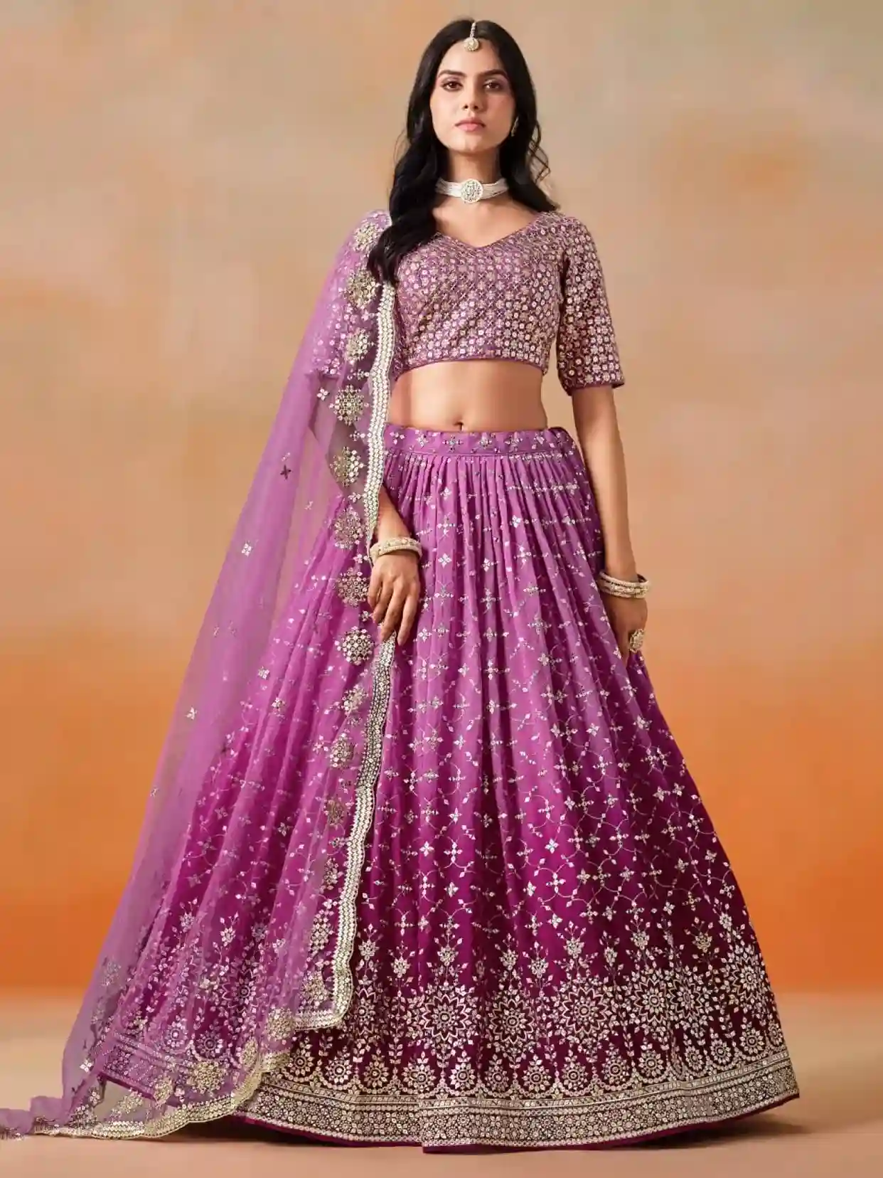 Bridal Rani Pink Ombre Georgette Lehenga Choli with Heavy Mirror & Sequin Work