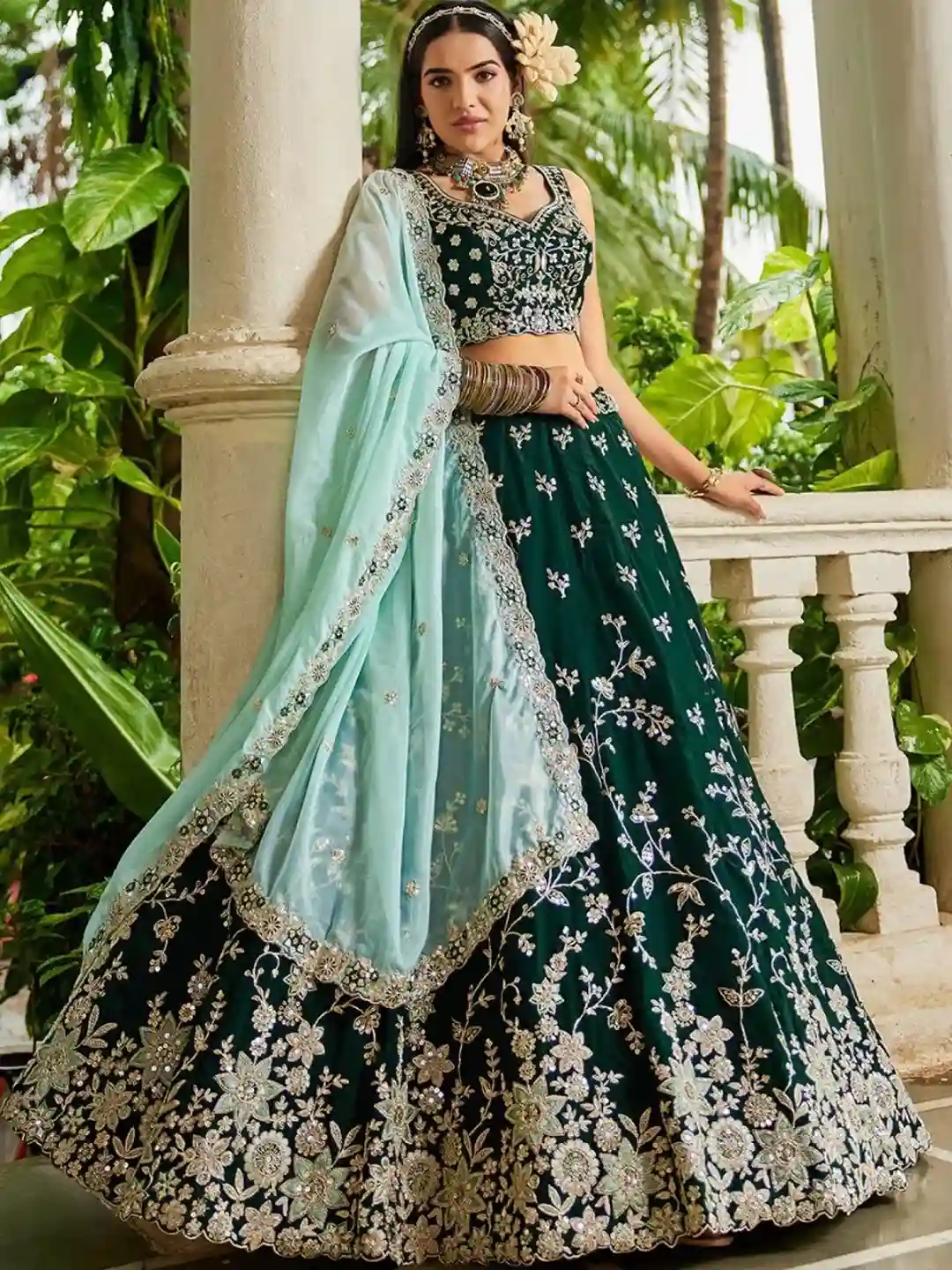 Emerald Green Organza Embroidered Lehenga Choli with Sky Blue Dupatta - Image 5