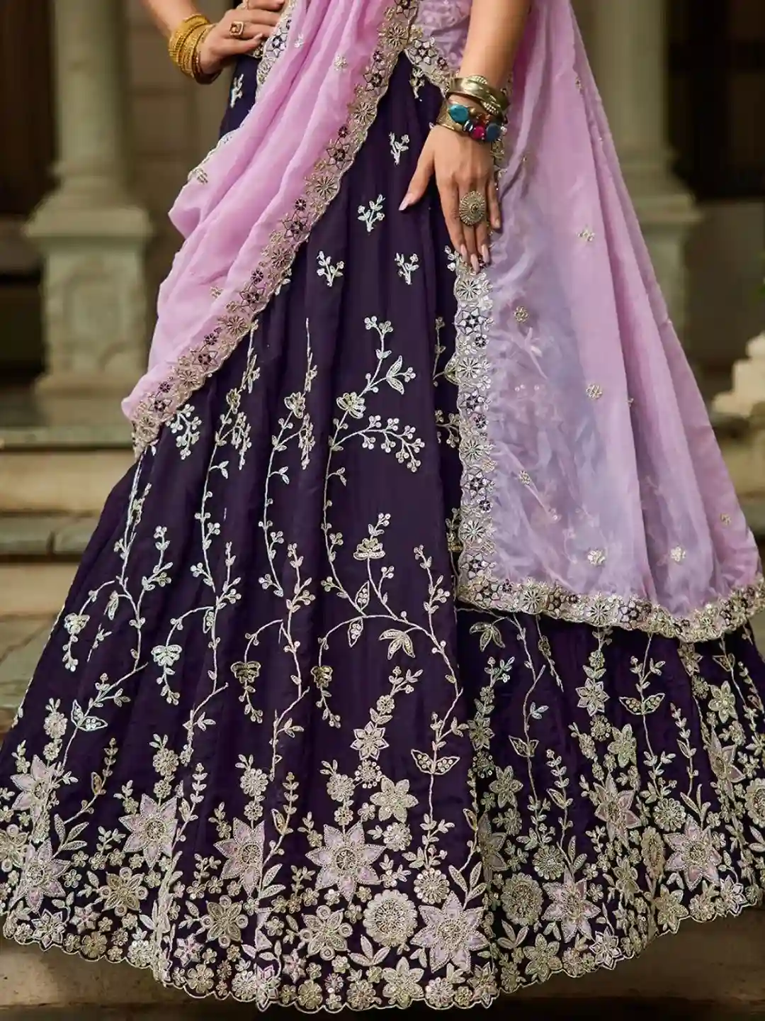 Royal Burgundy Organza Embroidered Lehenga Choli with Baby Pink Dupatta - Image 5