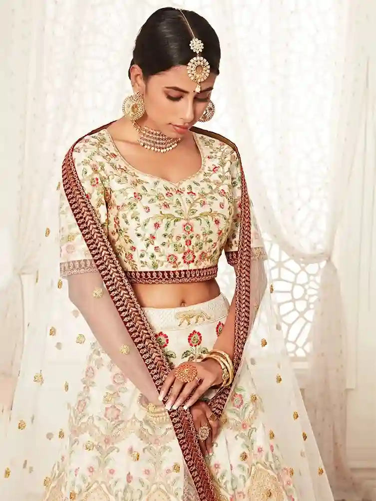 Off-White Embroidered Art Silk Lehenga Choli – A Blend of Grace and Grandeur - Image 6