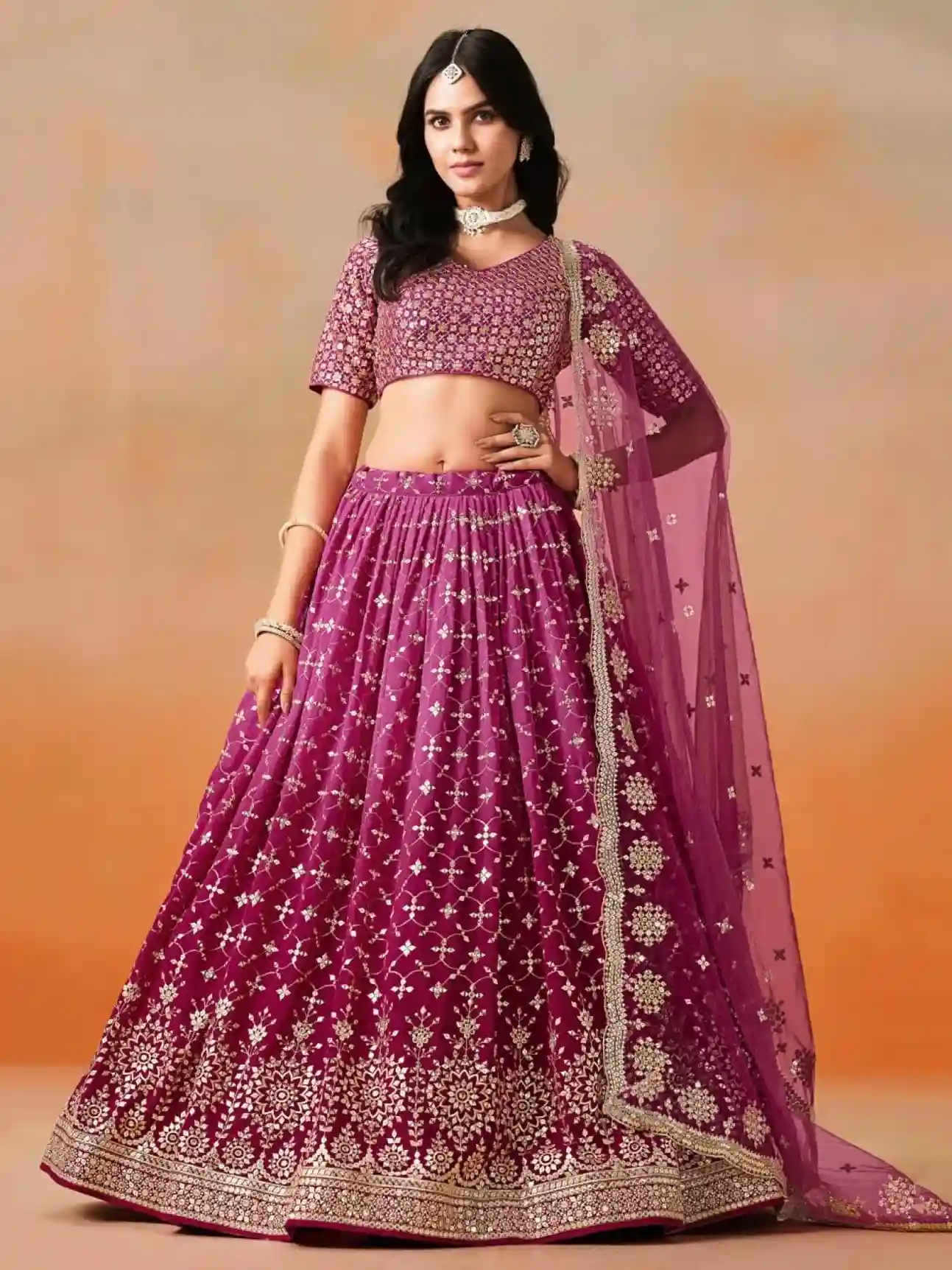 Ombre Red-Pink Georgette Lehenga Choli with Heavy Mirror & Sequin Embroidery - Image 3