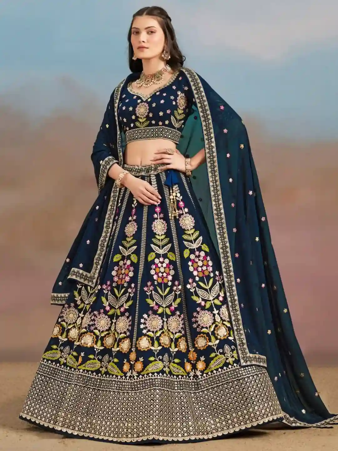 Royal Navy Blue Silk Bridal Lehenga Choli with Multicolor Floral Embroidery - Image 5
