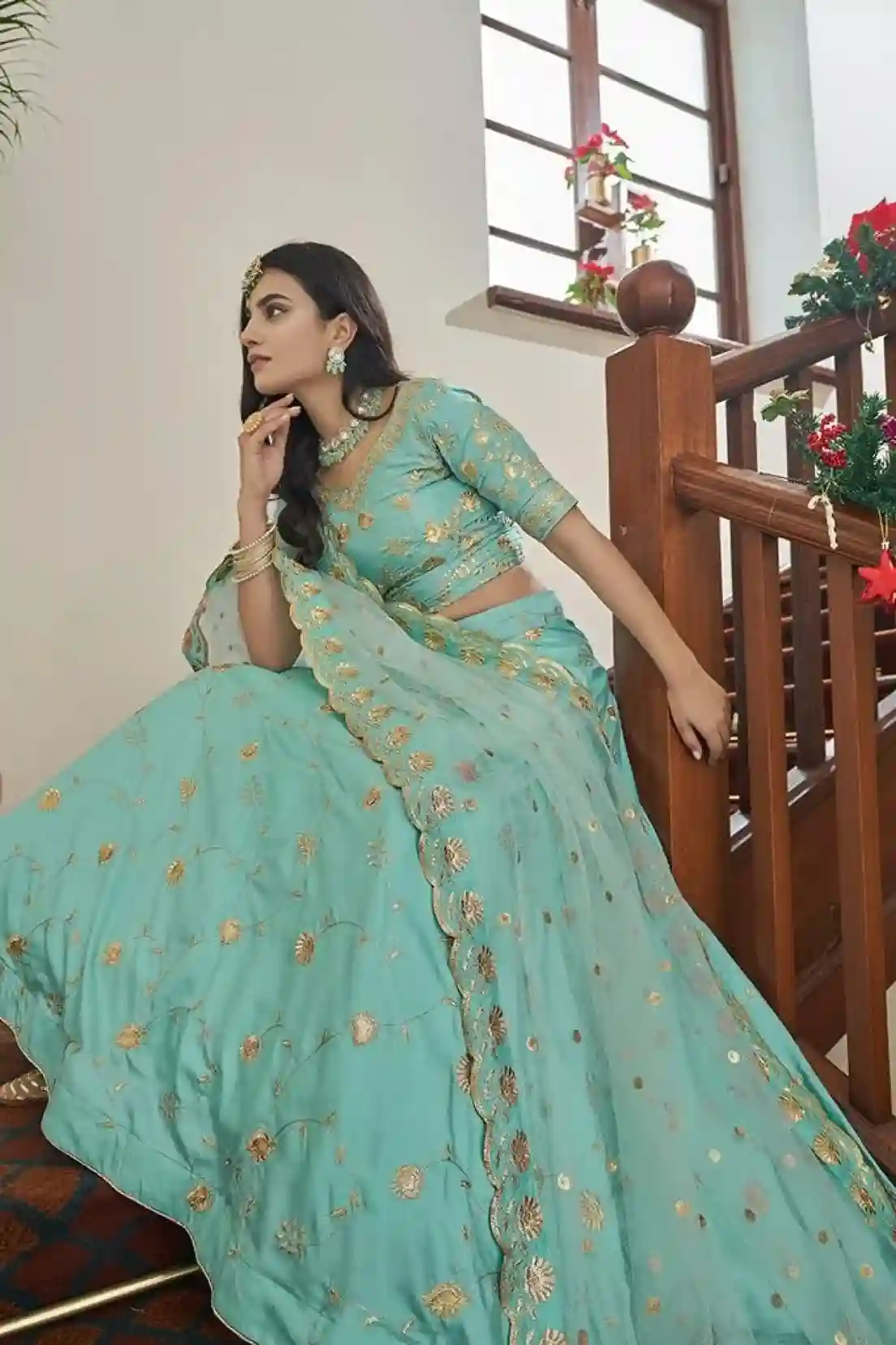 Pastel Aqua Blue Embroidered Lehenga Choli - Image 5