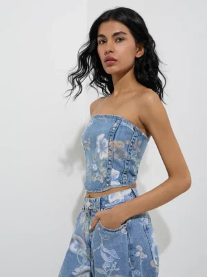 Denim Floral Co-ord Set – Strapless Corset Top & Wide-Leg Jeans