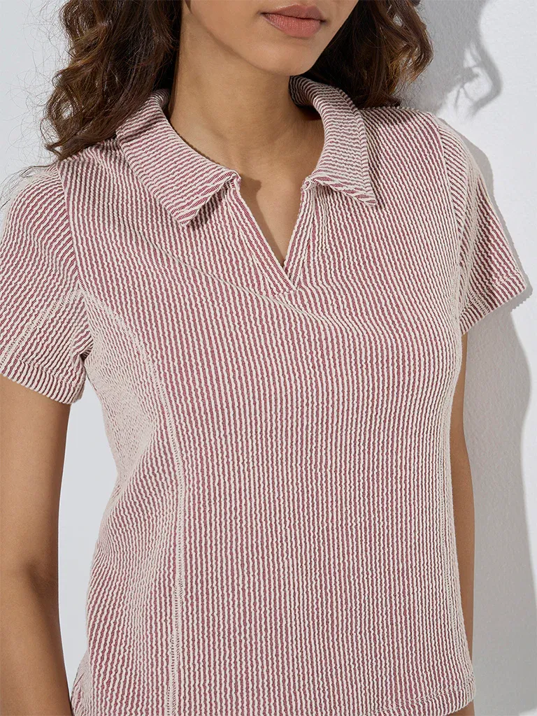 Women’s Maroon & Cream Micro-Striped Collared T-Shirt - Image 4