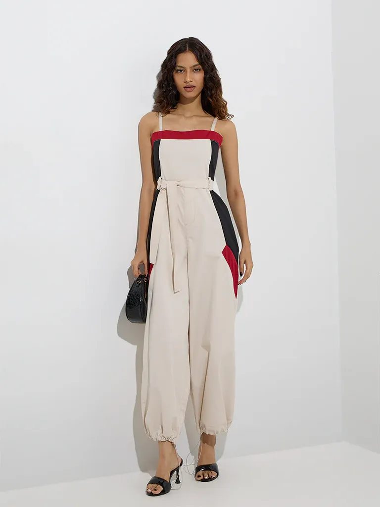 Powerline Colorblock Belted Jumpsuit – Ecru - Image 4